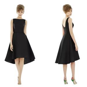 NWT Alfred Sung Bateau Neck Satin High Low Cocktail Dress in Black Size 16